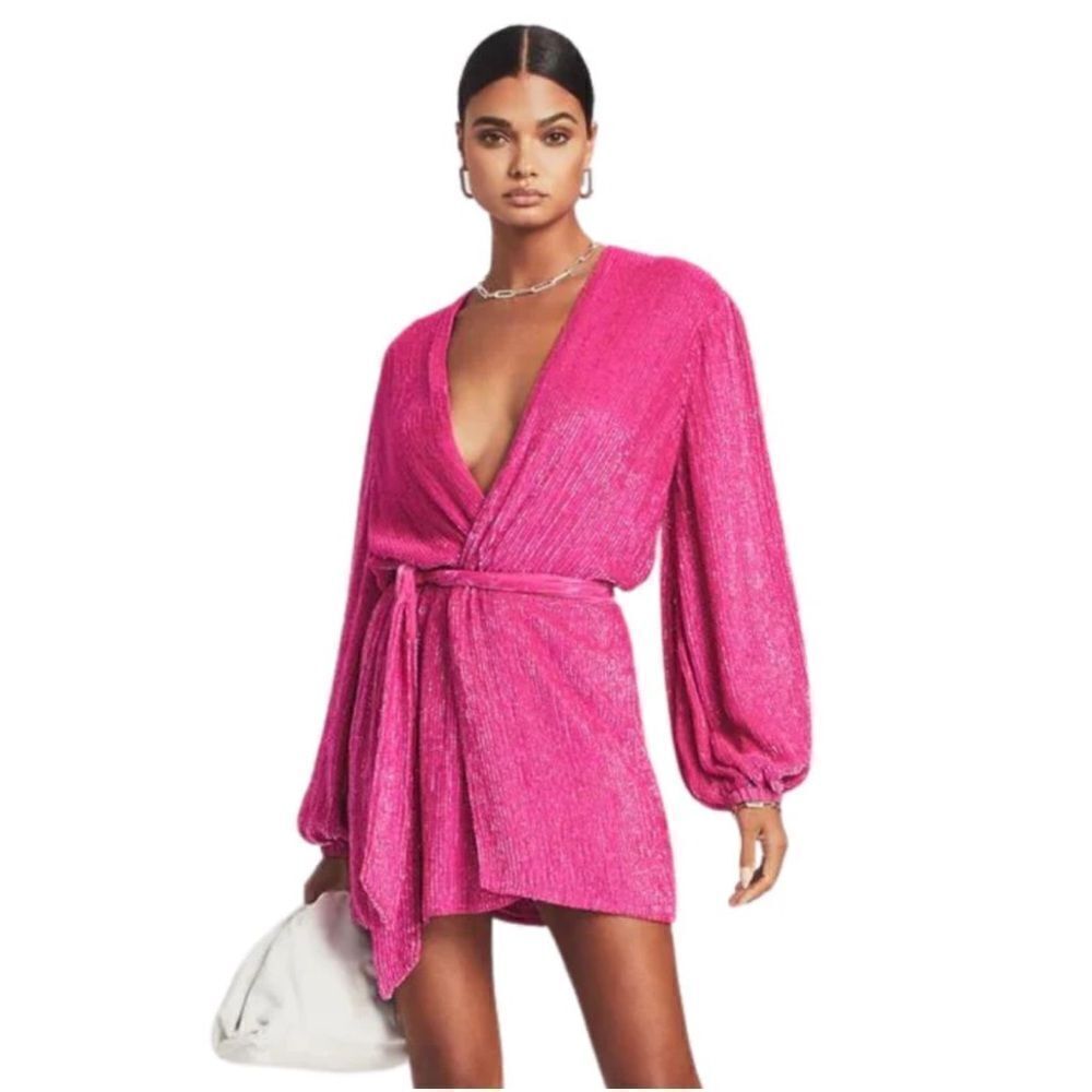 NWT Retrofete Sequins Beaded Gabrielle Robe Wrap Dress in Hot Pink Size M
